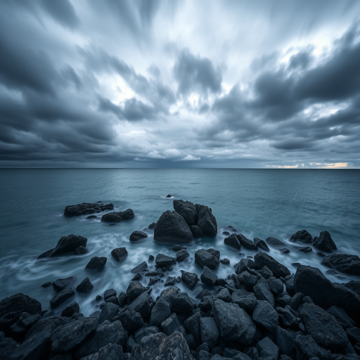 regenerate an image of a dramatic seascape with dark, moody clouds over calm waters and scattered rocks in the foreground, use a Canon EOS R5 camera, aperture f/8, shutter speed 1/125s, ISO 200, wide-angle lens 16mm, soft focus style, landscape orientation
