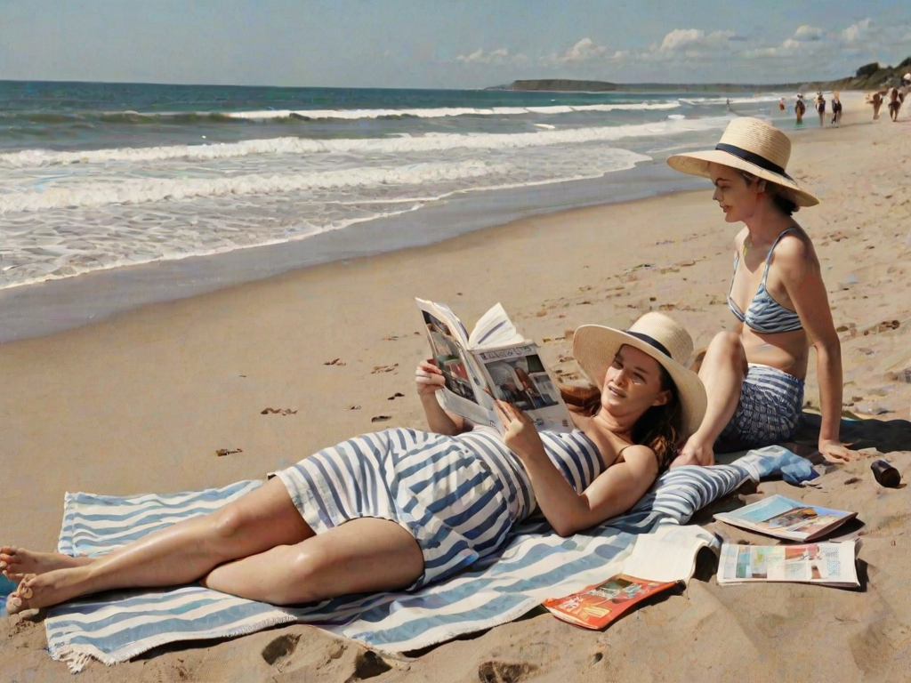 Bustling beach at midday, with families and friends scattered along the shore, a woman in a wide-brimmed hat lies on a striped towel, reading a magazine as the waves crash rhythmically in the background.