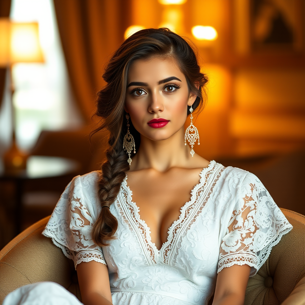Create a portrait of a refined and elegant Kurdish woman seated in a sophisticated setting. She has long, wavy hair styled in two thick braids that are pulled over her shoulders. She wears a white, lace gown with intricate patterns, featuring a deep V-neckline and short sleeves. The dress exudes a vintage charm with its delicate lacework. She is adorned with ornate, dangling earrings that add a touch of glamour to her appearance. The background is softly lit, with warm, ambient lighting that creates a cozy and inviting atmosphere. Her expression is poised and serene, capturing a sense of grace and elegance.
