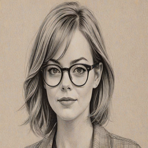Attractive Emma Stone, pencil sketch, portrait of Superb woman 1971s in glasses, hair style beatnik, outline, clear lines, fine lines, 8k
