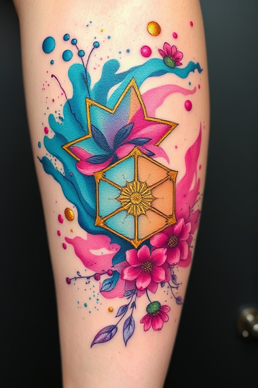 Vibrant watercolor splash tattoo "Chromatic Cascade" featuring swirling hues of teal, magenta, and gold, blending seamlessly into intricate geometric patterns and delicate floral elements