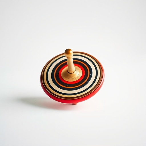 Create a high-resolution image of a spinning top with a minimalist design on a white background, using a DSLR camera at f/8 aperture, 50mm lens, 1/250 shutter speed, and soft natural lighting for enhanced quality.