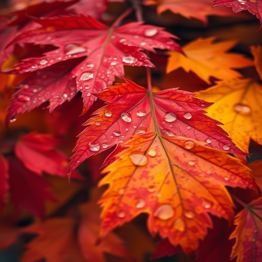 Close-up of vibrant autumn leaves in shades of red, orange, and yellow with raindrops, shot with a DSLR camera at f/2.8, ISO 200, shutter speed 1/60 sec, focused from a bird's eye view with a macro lens to enhance detail and sharpness.