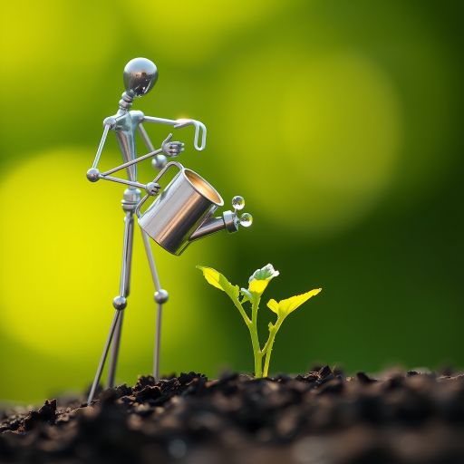 A metal figurine of a person, constructed from thin, silver rods, stands on the left side of the image, facing the viewer. The figurine is holding a small watering can and pouring water onto a young plant, with a few droplets in the air. The plant, with lush green leaves, is situated in the center, growing from dark soil. The background is a soft, out-of-focus blur of green, illuminated by warm, natural light.  The composition creates a sense of depth and intimacy. The image evokes feelings of growth, nurture, and hope.
