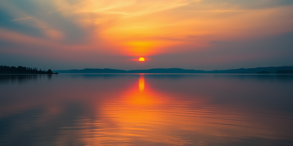 Generate a high-resolution image of a serene landscape featuring a sunset over a calm lake, with vibrant colors reflecting on the water, shot using a Canon EOS R5 at f/8, ISO 100, 1/200 sec, with a wide-angle lens from a low perspective to capture depth.