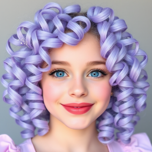 Dreamy periwinkle curls arranged in the "Cotton Candy Cloud" style form soft, bouncy ringlets that frame the face, accented with iridescent glitter for a magical touch