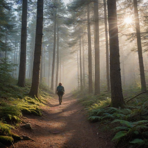 Foggy forest in early morning, beams of light filtering through the trees, a woman in hiking boots walks slowly along a narrow path, her breath visible in the chilly air.