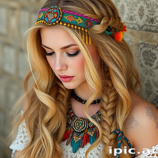 Bohemian beauty with long, tousled honey blonde locks adorned with intricate braids and adorned with colorful boho-inspired accessories