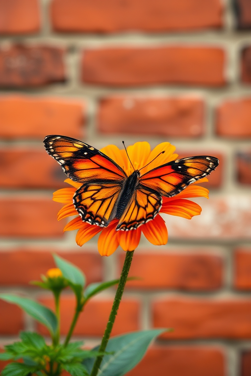 Create an image of a vibrant orange flower with a butterfly perched on it. The background should feature a rustic red brick wall, giving a warm and natural feel to the scene. The butterfly should have striking patterns and colors, enhancing the beauty of the flower.