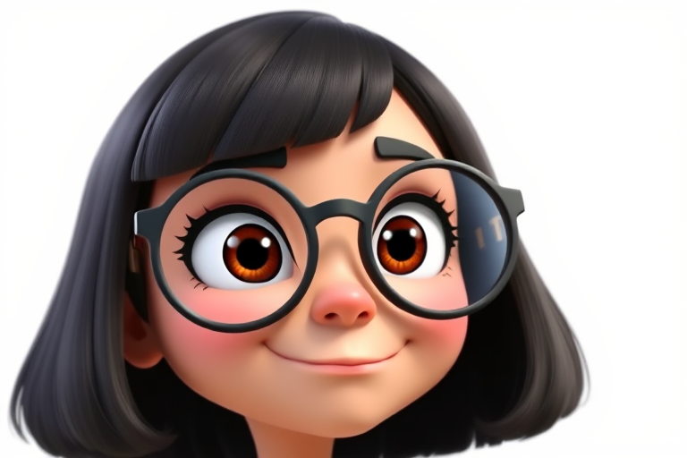 Create an animated character with a close-up view showing large round glasses a short bob haircut a slightly tilted head and a confident expression emphasize the character's exaggerated facial features and playful demeanor against a simple white background