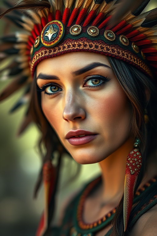 create a detailed portrait of a woman wearing a feather headdress, with a soft-focus background, using a DSLR camera with a 50mm lens, aperture set to f/1.8 for shallow depth of field, in natural light, capturing intricate details and vibrant colors in a realistic style