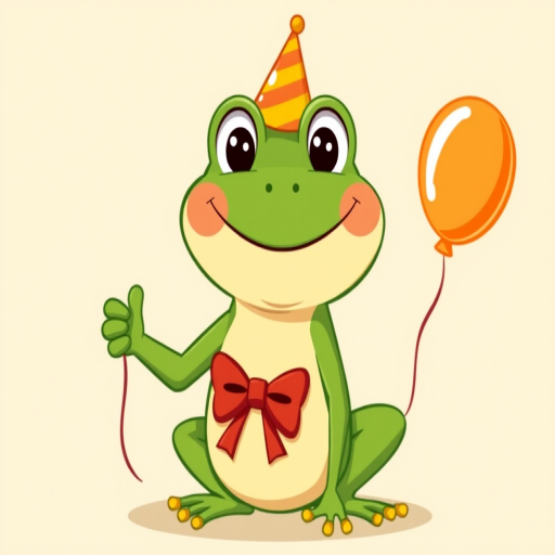 Create a cartoon illustration of a cheerful green frog wearing a party hat and holding an orange balloon in one hand with a light beige background. The frog should have a friendly smile, rosy cheeks, and a red bow tie.