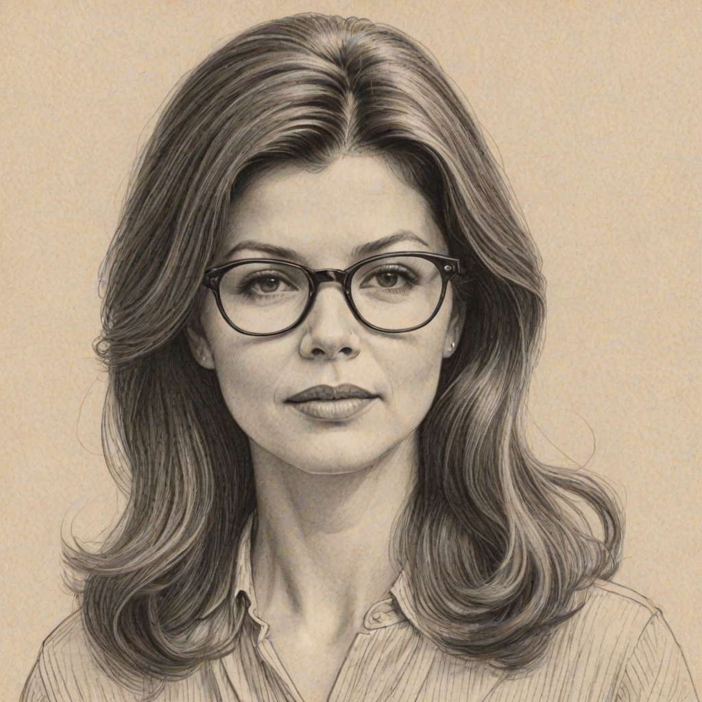 Radiant Daphne Zuniga, pencil sketch, portrait of Bewitching woman 1960s in glasses, hair style beatnik, outline, clear lines, fine lines, 8k