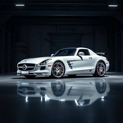 Regenerate a high-quality image of a white Mercedes-Benz SLS AMG in a dimly lit industrial space, using a DSLR camera with a 50mm lens at f/1.8, ISO 100, shutter speed 1/125s, in a three-point lighting setup to emphasize reflections on the car's surface.