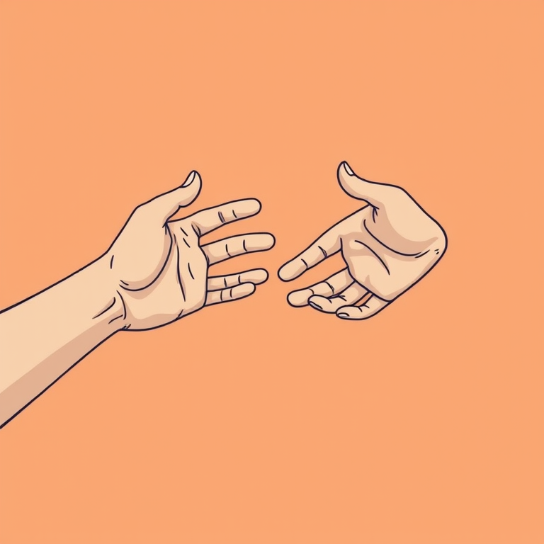 Create an illustration of two hands reaching towards each other, with a warm peach background, shot with a Canon EOS R5 using a 50mm f/1.8 lens, aperture set to f/2.8, ISO 100, and soft natural lighting.