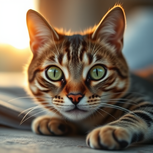 A close-up shot of a lounging tabby cat with piercing green eyes, shallow depth of field, natural light during golden hour, ISO 200, f/2.8 aperture, 50mm lens, DSLR camera.