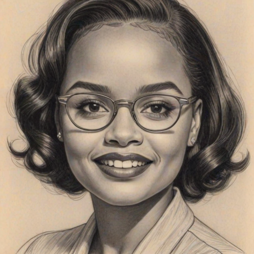 Ravishing Kyla Pratt, pencil sketch, portrait of Bewitching woman 1952s in glasses, hair style beatnik, outline, clear lines, fine lines, 8k