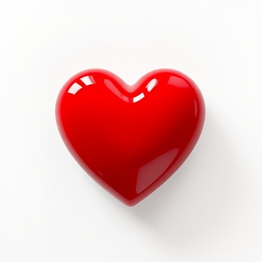 create a glossy red heart on a white background with soft shadows, using a DSLR camera set to f/2.8 aperture, ISO 100, 50mm lens, overhead view, with high-resolution image quality