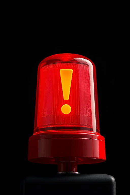 Create an illustration of a red emergency siren with an exclamation mark, using a digital art style, captured with a Canon EOS R5, 50mm lens, f/1.8 aperture, ISO 100, in a high-contrast lighting setup for enhanced clarity and detail.