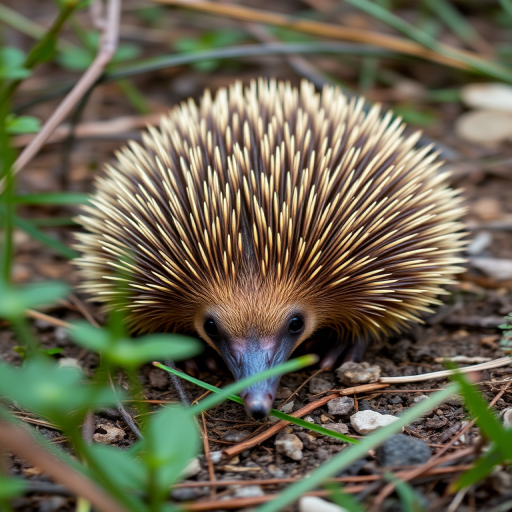 Create a high-resolution image of an echidna in a natural setting, using a DSLR camera with a 50mm lens, aperture f/2.8, shutter speed 1/200s, ISO 200, taken from a low angle to capture details of its spines and habitat.