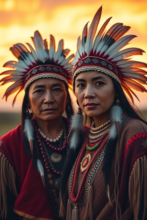 Generate a portrait of two Indigenous people in traditional attire, showcasing intricate headdresses with feathers, against a vibrant sunset sky, using a Canon EOS R5 with an EF 85mm f/1.2L lens, captured at f/1.2 for a shallow depth of field, ISO 100, and a warm color balance to enhance the richness of their features and clothing.
