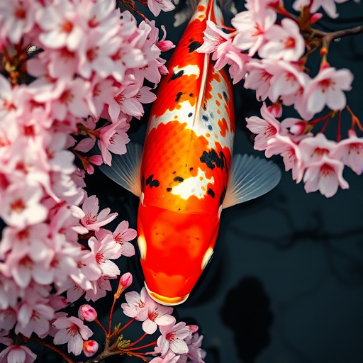 Regenerate the image of a koi fish surrounded by cherry blossoms with a DSLR camera using a 50mm lens at f/2.8, ISO 100, in natural light, showing a top-down view with vibrant colors and sharp detail.