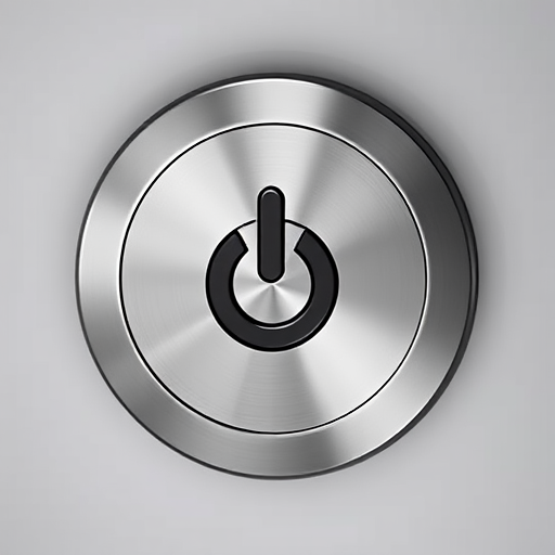 create a high-resolution image of a power button symbol with a metallic finish, using a 50mm lens, aperture f/1.8, ISO 100, shot from a slightly above angle with a softbox lighting setup for even shadows in a studio environment