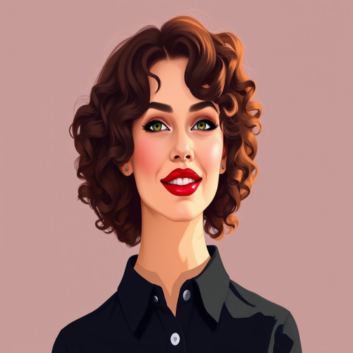 Create a digital illustration of a woman with curly brown hair and bold red lipstick, wearing a black button-up shirt, in a bright and lively style; use a Canon EOS R5 with a 50mm lens, aperture f/1.8, ISO 100, natural lighting to enhance colors and details.