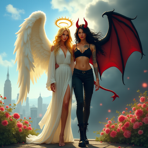 Create an image with a split composition, half representing an angel and half a demon. The angel is on the left, depicted with long, flowing blonde hair, a golden halo above her head, and wearing a white robe. She has large, feathered wings, and she's barefoot, standing amidst blooming flowers with a cityscape in the background under a clear blue sky with a few clouds. The demon is on the right, featuring long, wavy black and red hair, red horns on her head, and wearing a black crop top and black cargo pants. She has large, bat-like wings with red and black hues, and is wearing black combat boots. Her skin is adorned with tattoos. The background on the demon's side is dark and smoky, with hints of flames and a red tail curling behind her. Both figures stand back-to-back, creating a stark contrast between light and dark, good and evil.