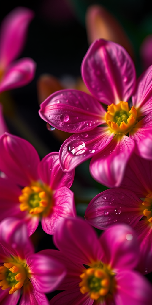 close-up of pink and yellow flowers with dew drops in a dark background, captured with a Canon EOS 5D Mark IV, f/2.8, ISO 100, 1/200s, macro lens, soft focus style, natural lighting