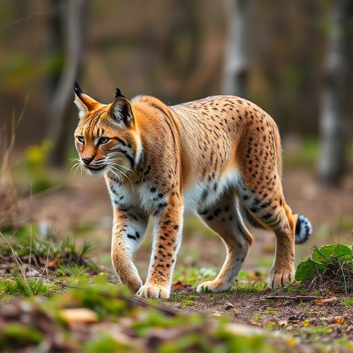 lynx walking in a natural habitat, Canon EOS R5, 85mm f/1.2 lens, ISO 100, f/2.8, 1/500s, shallow depth of field, side profile view, high-resolution image