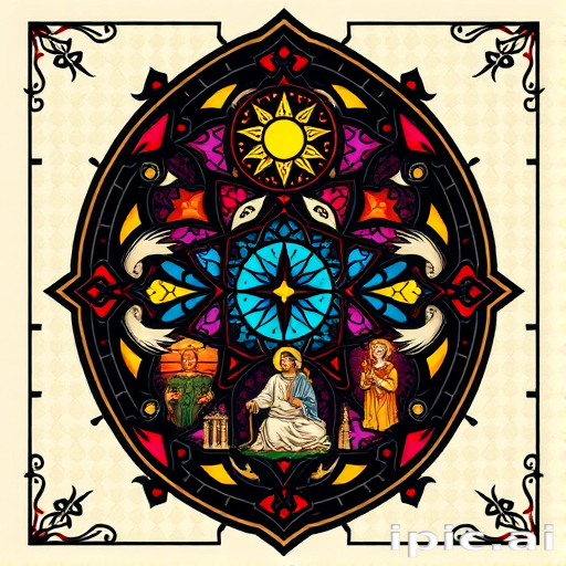 Ornate "Stained Glass Mosaic" tattoo design inspired by Gothic cathedral windows, featuring intricate patterns and religious or mythological scenes composed of vibrant, jewel-toned shapes outlined in bold black lines, creating a luminous and richly detailed tattoo that appears to glow from within, ideal for those who appreciate traditional craftsmanship and symbolism