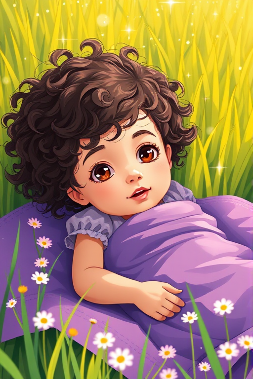 Create an illustration of a young girl with curly hair lying on a purple blanket in a vibrant green field, surrounded by flowers and sparkles; use a Canon EOS R5 with a 50mm lens, f/1.8 aperture, ISO 100, and a clear daytime setting for bright colors and sharp details.