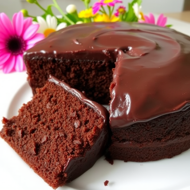 A rich and moist chocolate cake with a glossy dark chocolate frosting, a slice cut to reveal its soft texture, displayed on a white plate with colorful flowers in the background.
