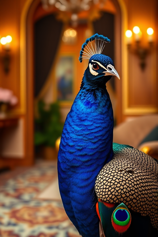 A vibrant and detailed peacock in a luxurious interior setting, captured with a Canon EOS 5D Mark IV, 85mm f/1.4 lens, aperture f/1.8, ISO 100, soft focus background, warm lighting, and enhanced color saturation for richness and depth.