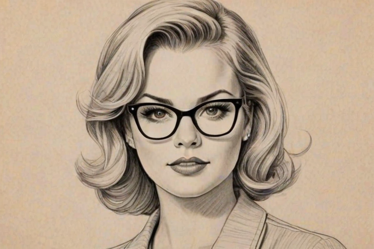 Ravishing Kirsten Storms, pencil sketch, portrait of Attractive woman 1952s in glasses, hair style beatnik, outline, clear lines, fine lines, 8k