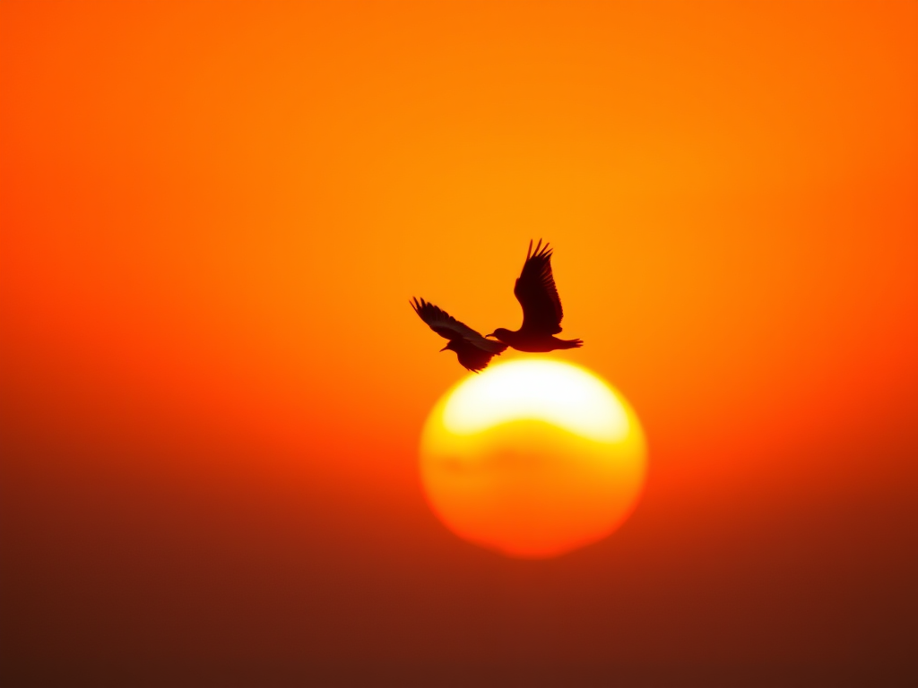 Create a high-resolution image of a silhouette of a bird in flight against a vibrant sunset background with a Canon EOS R5, 85mm lens, f/1.8, ISO 100, 1/1000s, capturing a wide-angle view in a dramatic style.
