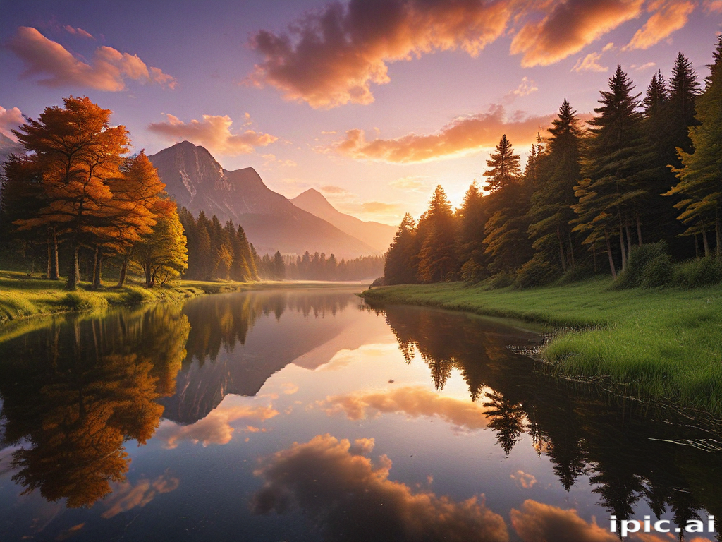 Serene Sunset Over a Tranquil Lake Surrounded by Majestic Mountains