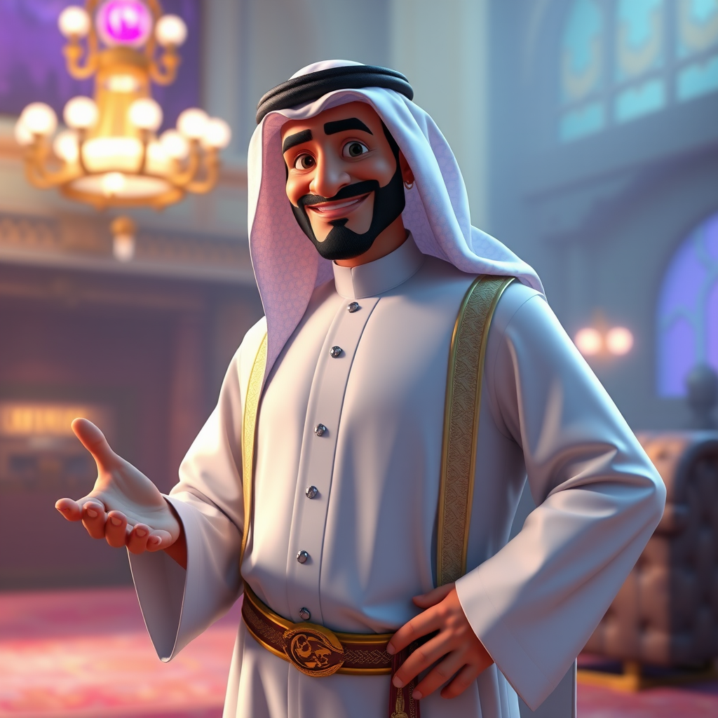 Create a 3D rendering of a wealthy Arab male sheikh from Dubai, inspired by the Disney animation style. The sheikh must have a smile and a playful but wise character. Place your character in an atmosphere of wealth and luxury. The image must be in high resolution format. Dynamic pose above the waist, gesturing with hands (Pixar Art style)++ highly detailed digital painting, art stations, concept art, soft focus, hard focus, illustrations. cinematic, visual effects, HDR, Unreal Engine 5, ray tracing, soft light, 8k, high detail, sparkling backlighting, luxury gem, game art, 3d, cartoon, colorful, magical, mysterious