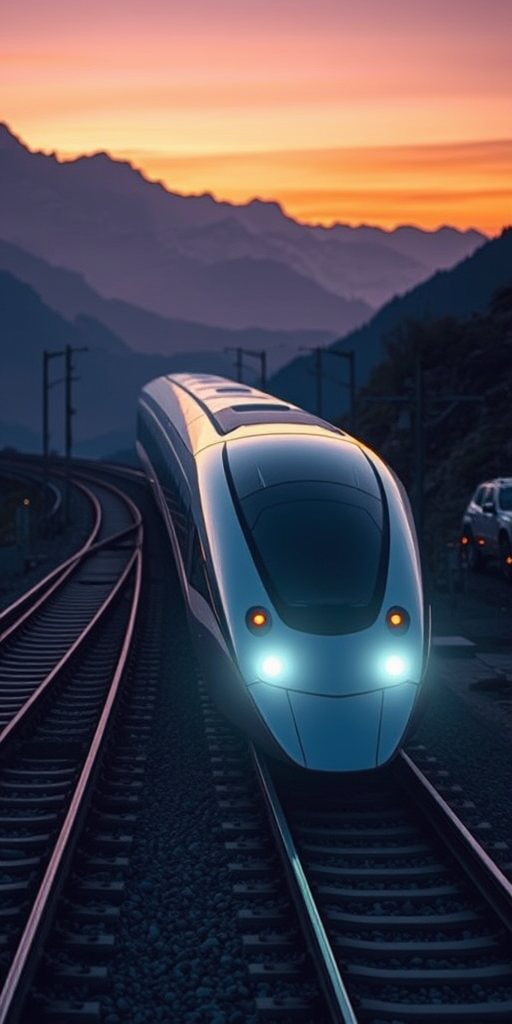 Generate a futuristic sleek train on tracks in a mountain setting during twilight, captured with a Canon EOS R5, 24mm lens, f/2.8, ISO 100, at dusk, with a wide-angle view to enhance depth and clarity.