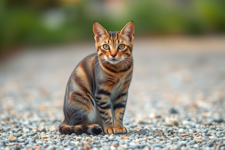Regenerate a high-quality image of a striped cat sitting on a gravel surface, using a DSLR camera with a 50mm lens, aperture f/1.8, ISO 100, and a shallow depth of field for soft background blur, capturing a front view with natural lighting.
