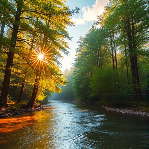 Create an image of a serene, sunlit forest scene with a clear, gently flowing river. Tall trees with lush green foliage line both sides of the river, their leaves bathed in the warm golden light of the setting or rising sun. The sunlight filters through the trees, casting soft, dappled light on the river, which flows over smooth rocks and pebbles, creating a peaceful, natural atmosphere. The sky is bright with a few scattered clouds, and the overall mood is tranquil, evoking a deep sense of connection with nature. The image captures the beauty of a calm, pristine forest landscape at either dawn or dusk.
