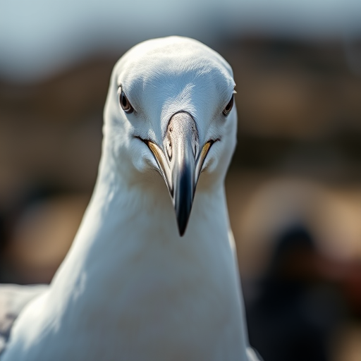 a close-up shot of a seagull with detailed feathers and a blurred background, using a DSLR camera with a 50mm lens, aperture f/2.8, ISO 100, shutter speed 1/400s, natural lighting, focus on the bird's face