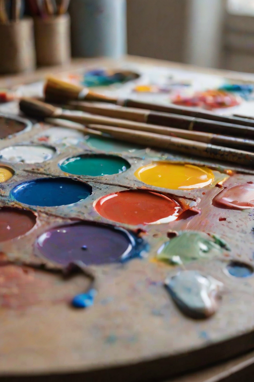Close-up of an artist’s palette, soft natural light illuminating the vibrant colors of mixed paints, with paintbrushes resting nearby and a canvas softly blurred in the background.