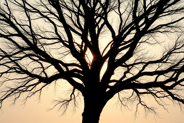Generate a high-resolution illustration of a silhouette of a tree with intricate branches, captured with a DSLR camera, f-stop 2.8, ISO 100, 50mm lens, in a soft-focus style with natural backlighting.