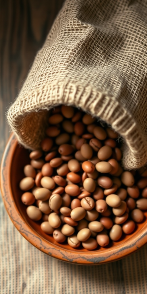 photograph of a burlap sack spilling mixed beans onto a rustic clay dish, natural light, shallow depth of field, ISO 200, aperture f/2.8, 50mm lens, DSLR camera, top-down view, soft focus background