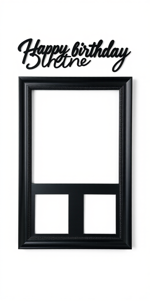 Regenerate an image of a black birthday photo frame with the word "Birthday" at the top and three empty square photo slots below it on a white background, shot with a DSLR camera, 50mm lens, f/2.8 aperture, 1/100s shutter speed, ISO 100, front view, soft diffused lighting.
