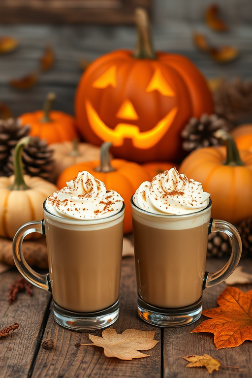 Create an autumn scene featuring two cups of creamy coffee drinks topped with whipped cream and sprinkled with cinnamon placed on a rustic wooden table surrounded by various pumpkins in shades of orange and cream a carved jack-o-lantern glowing softly in the background along with pine cones and autumn leaves for a cozy seasonal atmosphere.