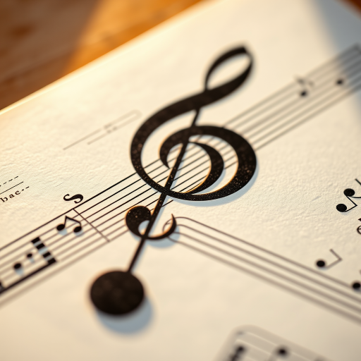 Create a close-up shot of a sheet music page featuring a treble clef and musical notes with warm natural lighting, using a macro lens at f/2.8 aperture, 50mm focal length, ISO 100, and a shallow depth of field to enhance texture and detail.