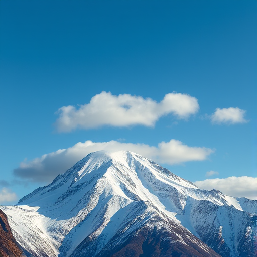 Regenerate a high-resolution image of a snow-covered mountain peak under a blue sky with fluffy clouds, using a DSLR camera, 24mm lens, f/8 aperture, ISO 100, and a wide-angle perspective to enhance clarity and depth.